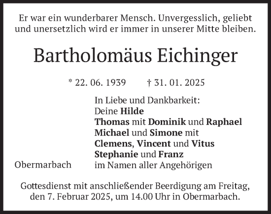 Traueranzeige von Bartholomäus Eichinger von merkurtz