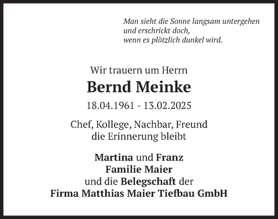 Traueranzeige von Bernd Meinke von merkurtz