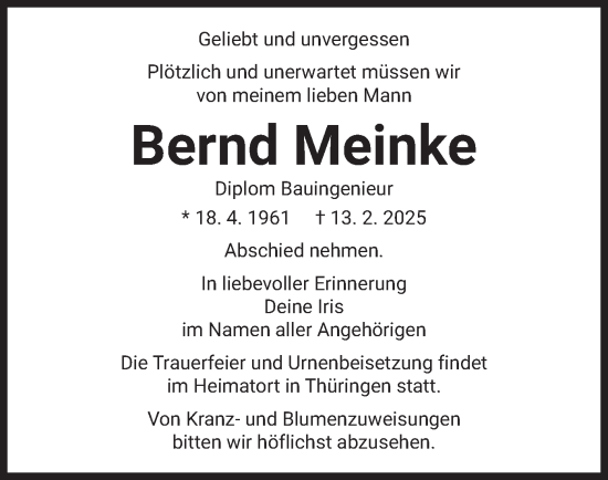 Traueranzeige von Bernd Meinke von merkurtz