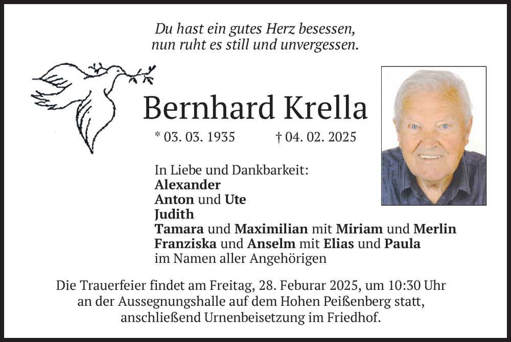  Traueranzeige für Bernhard Krella vom 22.02.2025 aus merkurtz