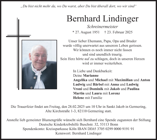 Traueranzeige von Bernhard Lindinger von merkurtz