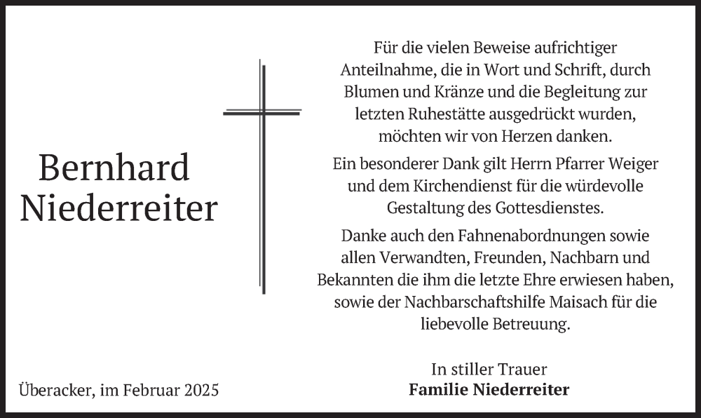  Traueranzeige für Bernhard Niederreiter vom 08.02.2025 aus merkurtz