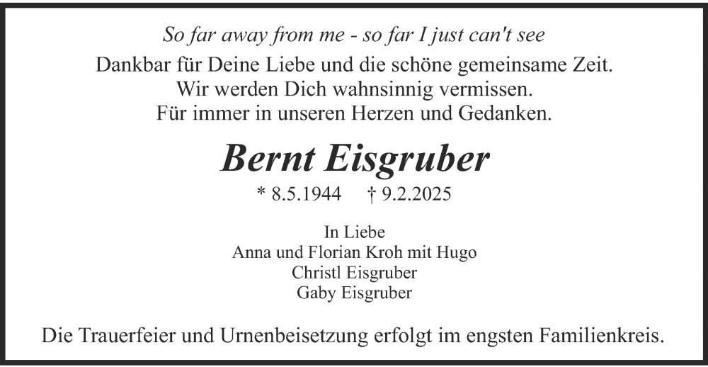  Traueranzeige für Bernt Eisgruber vom 15.02.2025 aus merkurtz