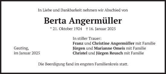 Traueranzeige von Berta Angermüller von merkurtz