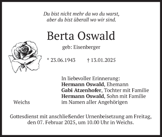 Traueranzeige von Berta Oswald von merkurtz