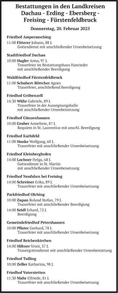  Traueranzeige für Bestattungen vom 20.02.2025 vom 20.02.2025 aus merkurtz