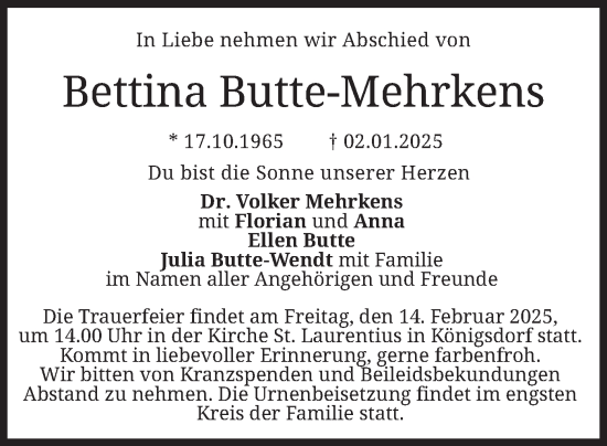 Traueranzeige von Bettina Butte-Mehrkens von merkurtz