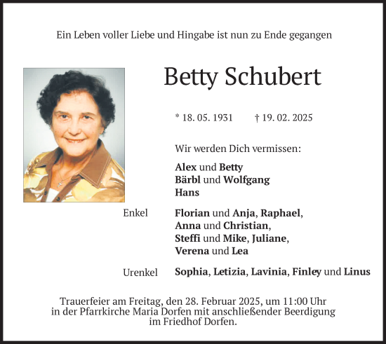 Traueranzeige von Betty Schubert von merkurtz