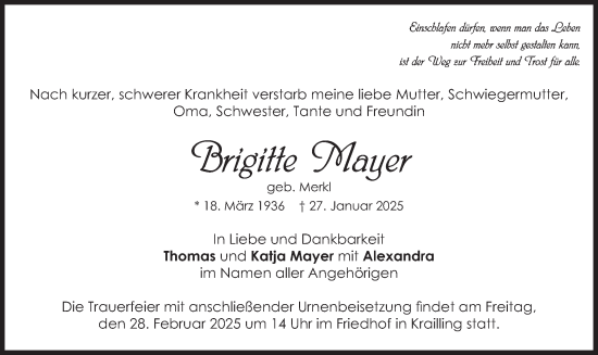 Traueranzeige von Brigitte Mayer von merkurtz