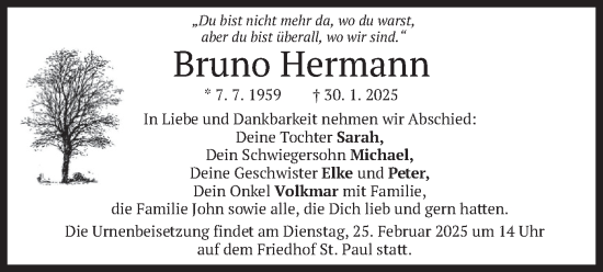 Traueranzeige von Bruno Hermann von merkurtz