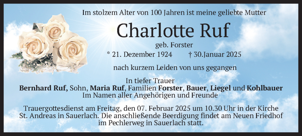  Traueranzeige für Charlotte Ruf vom 05.02.2025 aus merkurtz