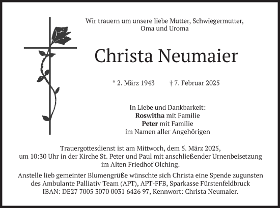 Traueranzeige von Christa Neumaier von merkurtz