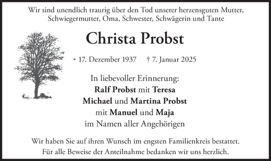 Traueranzeige von Christa Probst von merkurtz