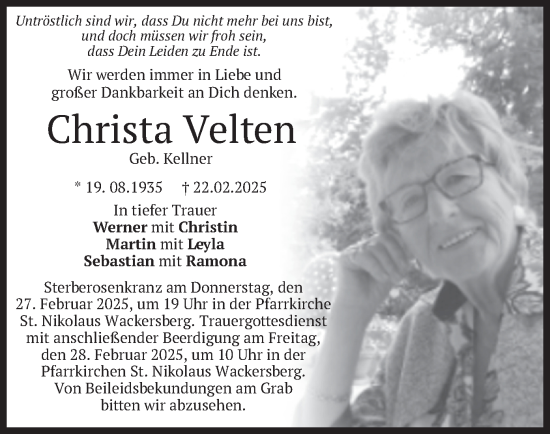 Traueranzeige von Christa Velten von merkurtz