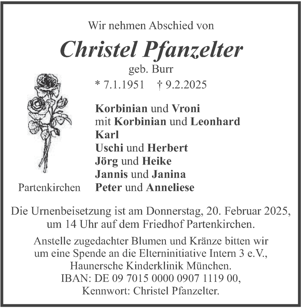  Traueranzeige für Christel Pfanzelter vom 15.02.2025 aus merkurtz
