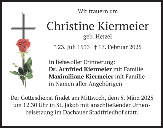 Traueranzeige von Christine Kiermeier von merkurtz
