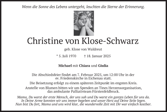 Traueranzeige von Christine von Klose-Schwarz von merkurtz