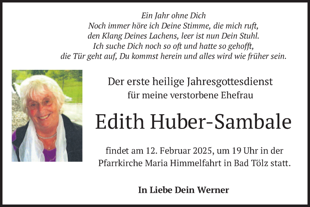  Traueranzeige für Edith Huber-Sambale vom 08.02.2025 aus merkurtz