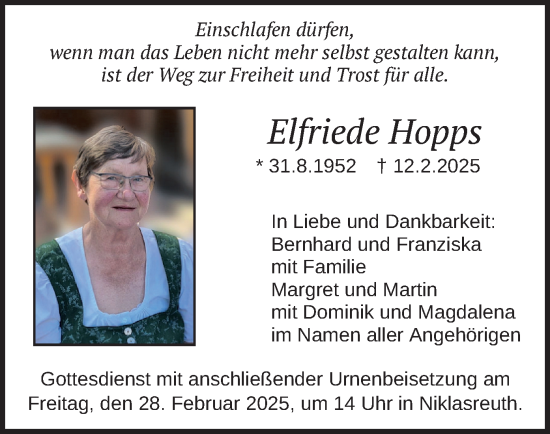 Traueranzeige von Elfriede Hopps von merkurtz