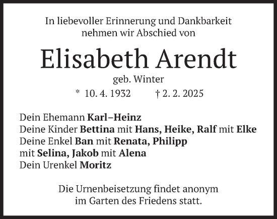 Traueranzeige von Elisabeth Arendt von merkurtz