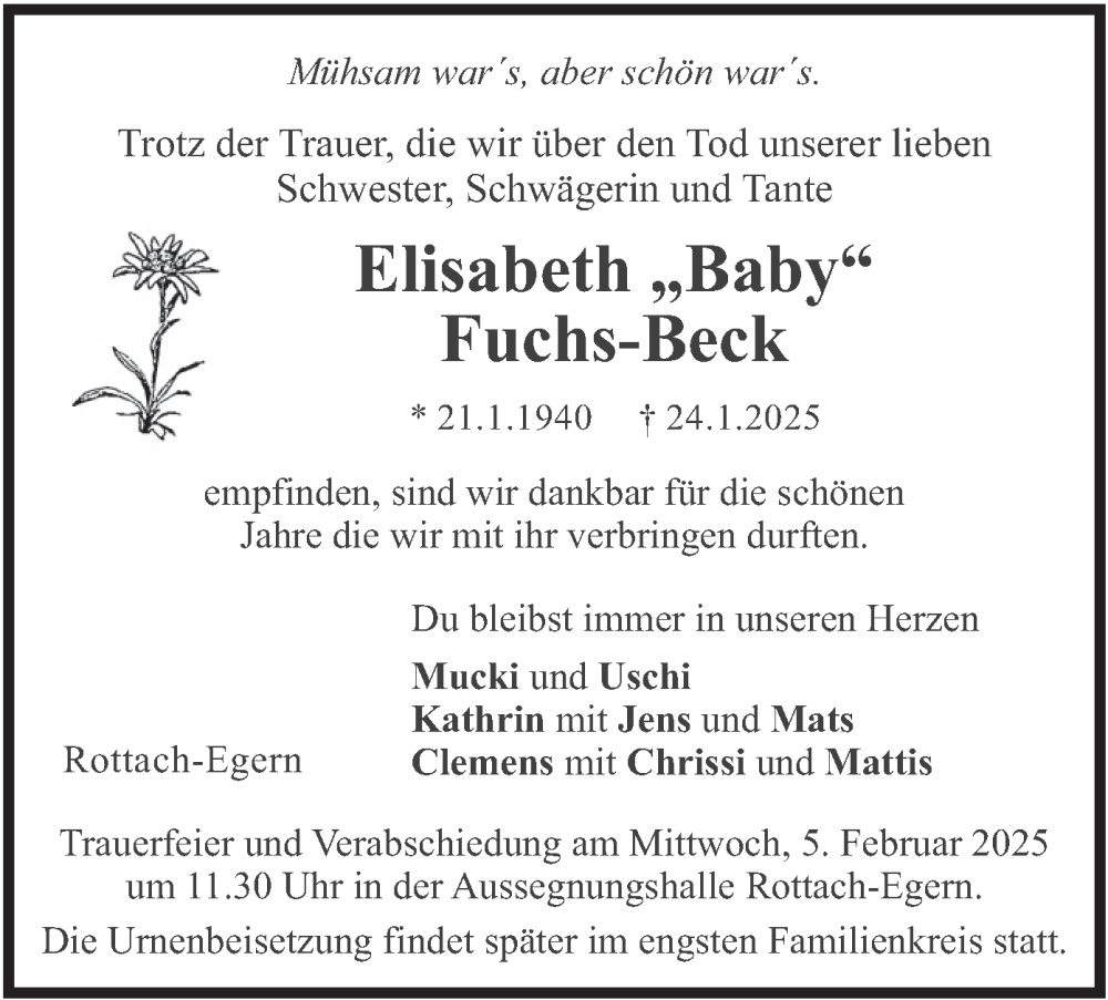  Traueranzeige für Elisabeth Fuchs-Beck vom 01.02.2025 aus merkurtz