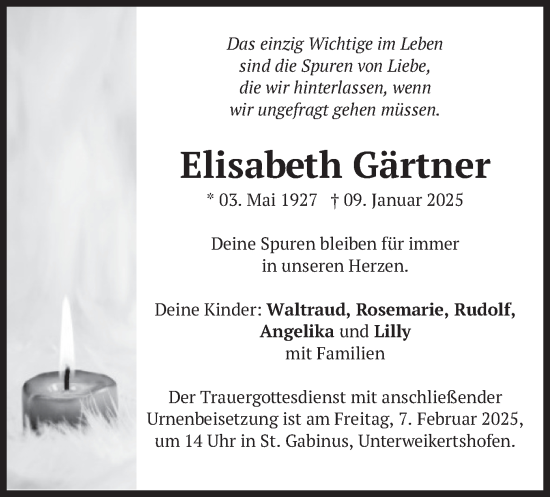Traueranzeige von Elisabeth Gärtner von merkurtz