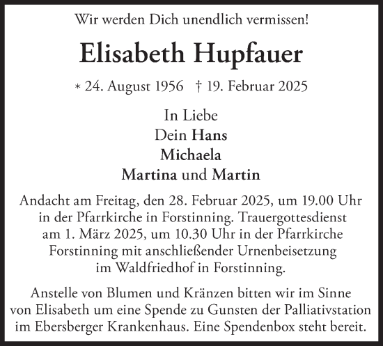 Traueranzeige von Elisabeth Hupfauer von merkurtz