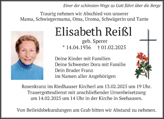 Traueranzeige von Elisabeth Reißl von merkurtz