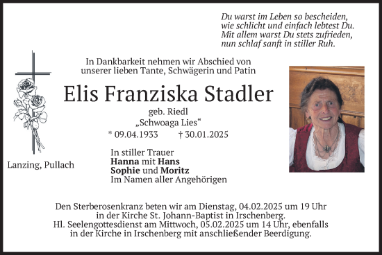 Traueranzeige von Elis Franziska Stadler von merkurtz