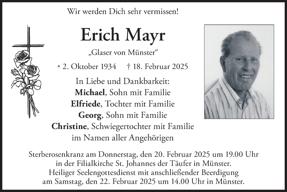  Traueranzeige für Erich Mayr vom 19.02.2025 aus merkurtz