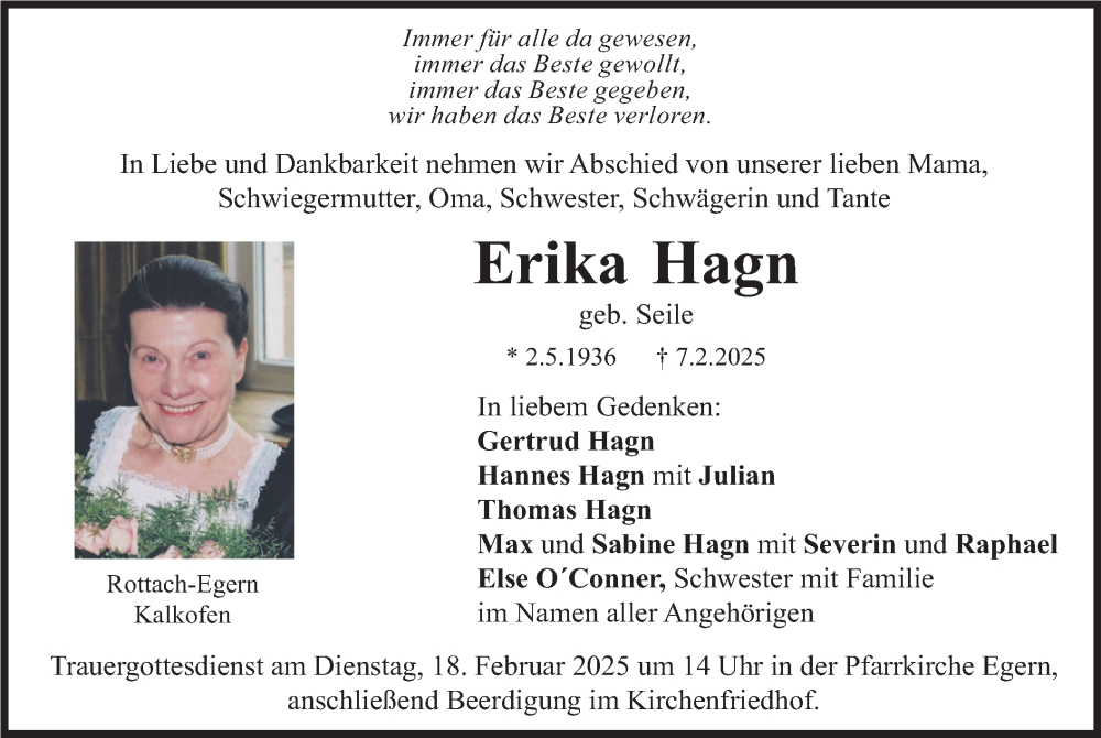  Traueranzeige für Erika Hagn vom 15.02.2025 aus merkurtz