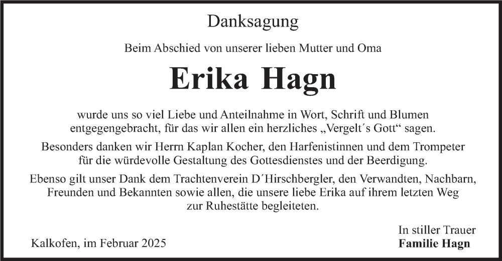 Traueranzeige für Erika Hagn vom 22.02.2025 aus merkurtz