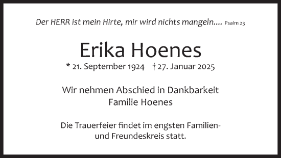 Traueranzeige von Erika Hoenes von merkurtz