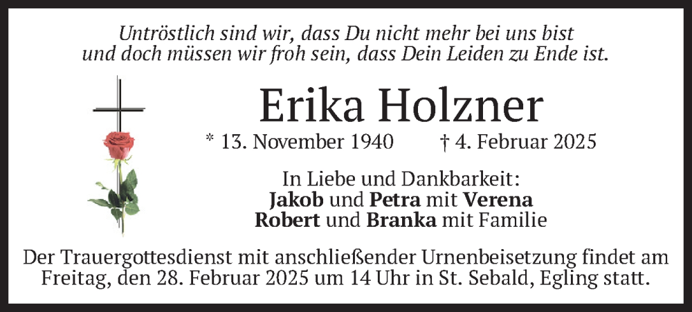  Traueranzeige für Erika Holzner vom 22.02.2025 aus merkurtz