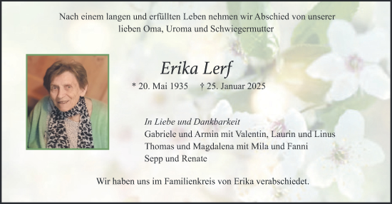 Traueranzeige von Erika Lerf von merkurtz