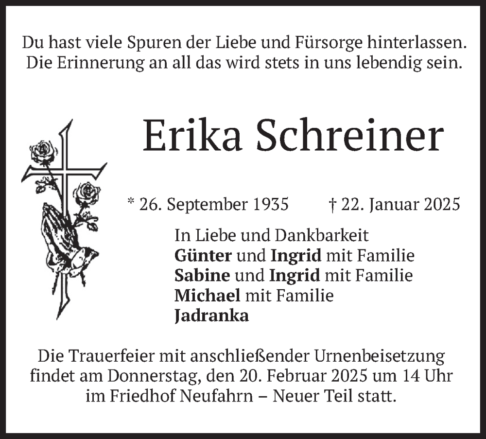  Traueranzeige für Erika Schreiner vom 15.02.2025 aus merkurtz