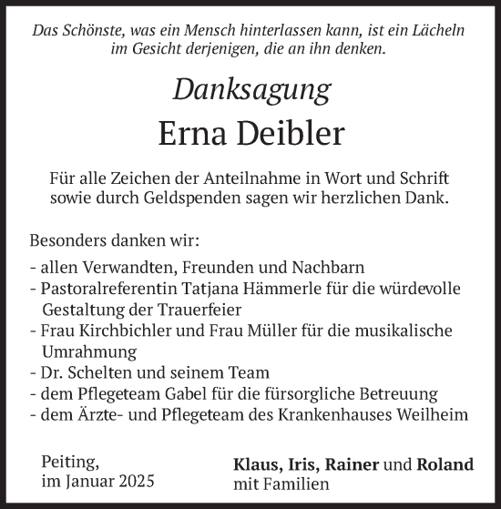 Traueranzeige von Erna Deibler von merkurtz