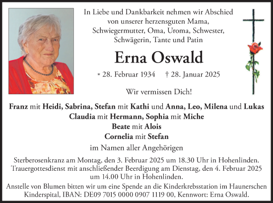 Traueranzeige von Erna Oswald von merkurtz