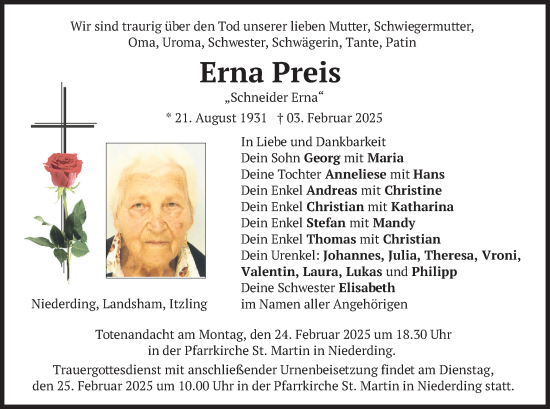 Traueranzeige von Erna Preis von merkurtz