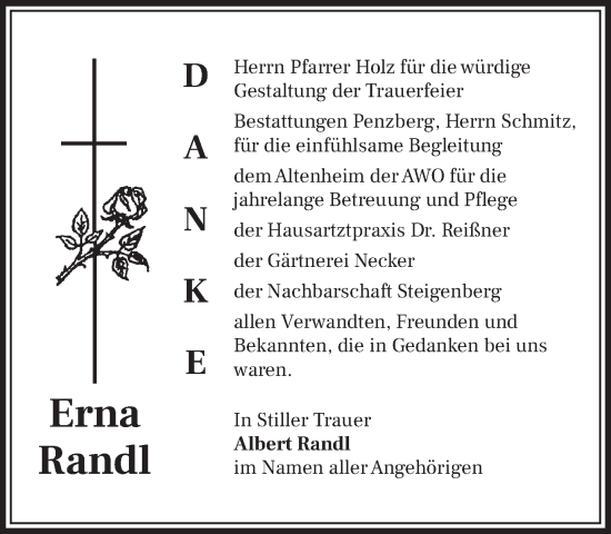 Traueranzeige von Erna Randl von Das Gelbe Blatt Penzberg