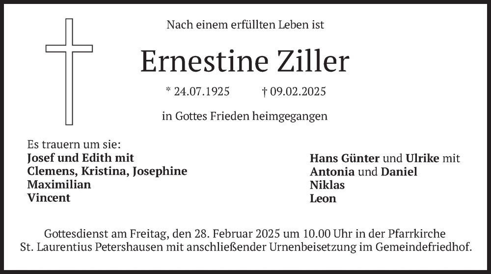  Traueranzeige für Ernestine Ziller vom 22.02.2025 aus merkurtz