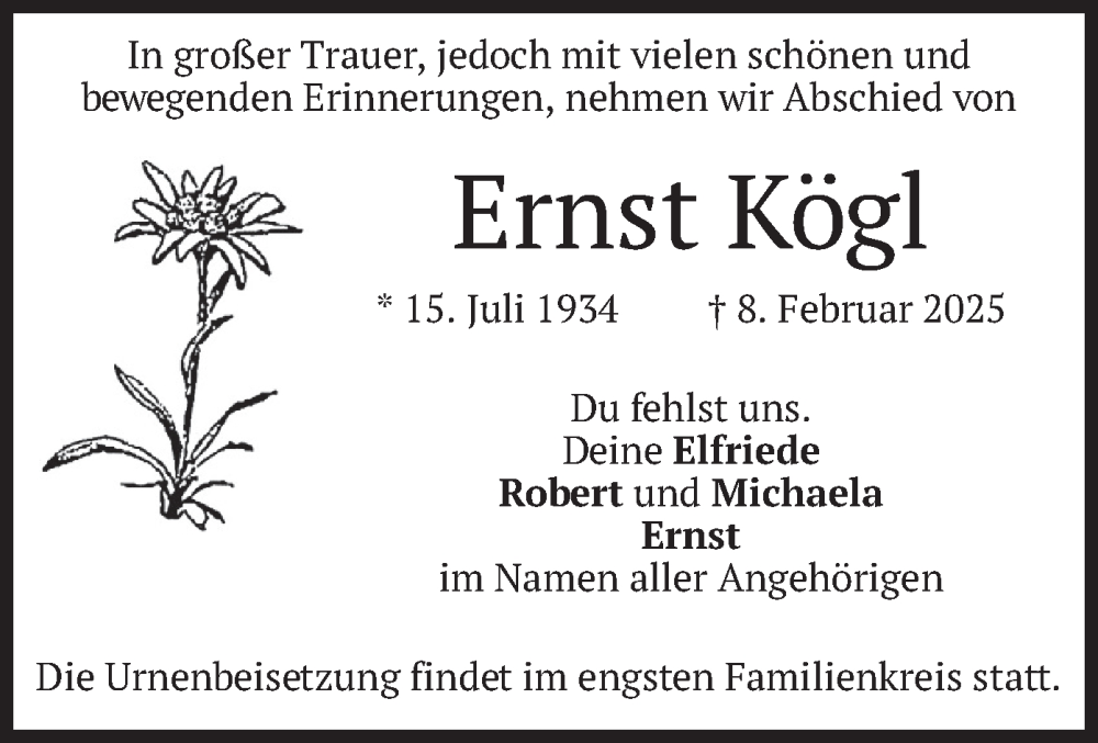  Traueranzeige für Ernst Kögl vom 15.02.2025 aus merkurtz