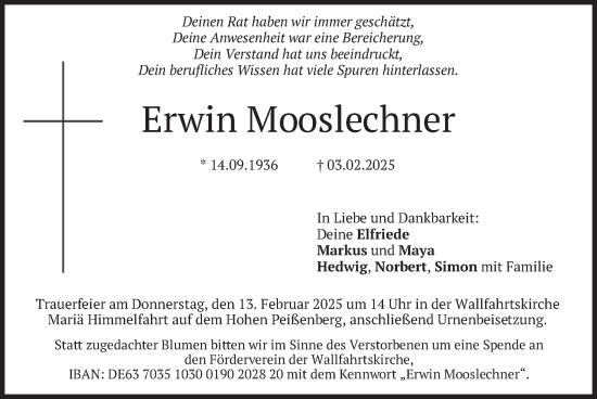 Traueranzeige von Erwin Mooslechner von merkurtz