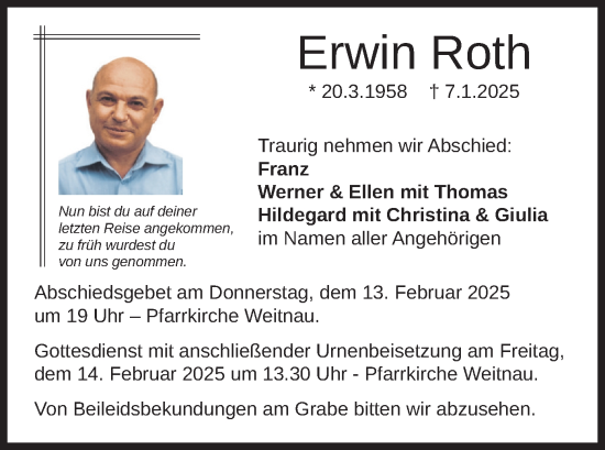 Traueranzeige von Erwin Roth von merkurtz