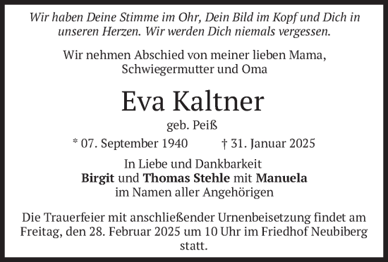 Traueranzeige von Eva Kaltner von merkurtz