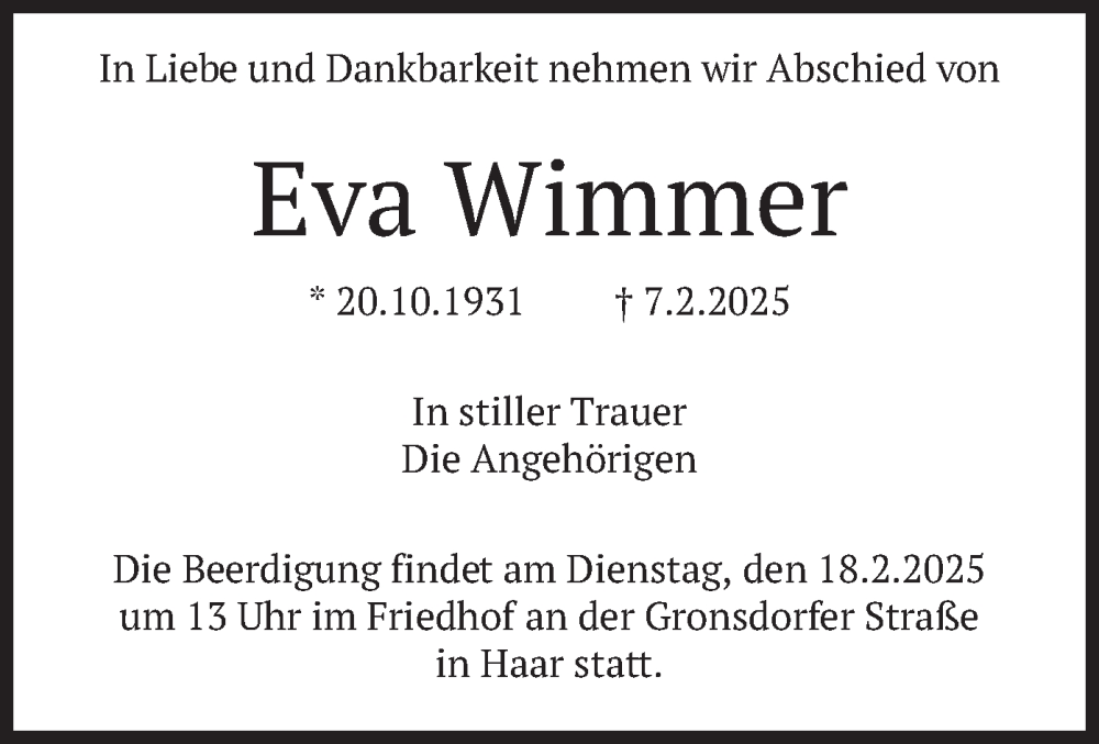  Traueranzeige für Eva Wimmer vom 12.02.2025 aus merkurtz