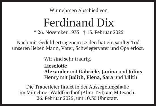 Traueranzeige von Ferdinand Dix von merkurtz