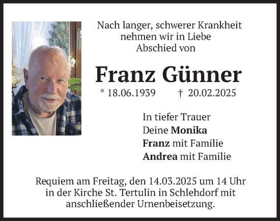Traueranzeige von Franz Günner von merkurtz