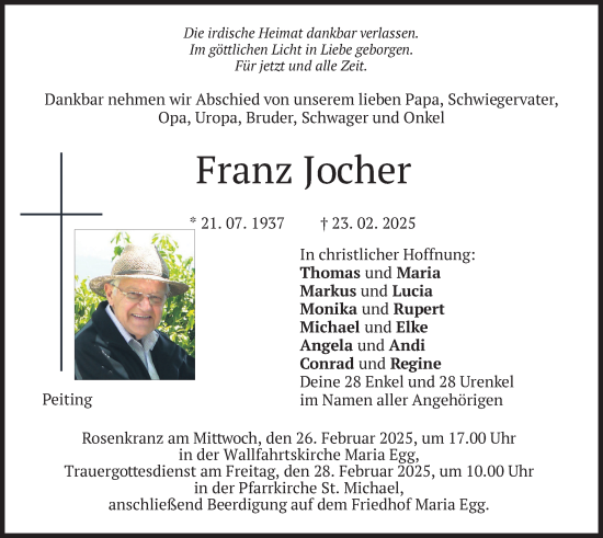 Traueranzeige von Franz Jocher von merkurtz