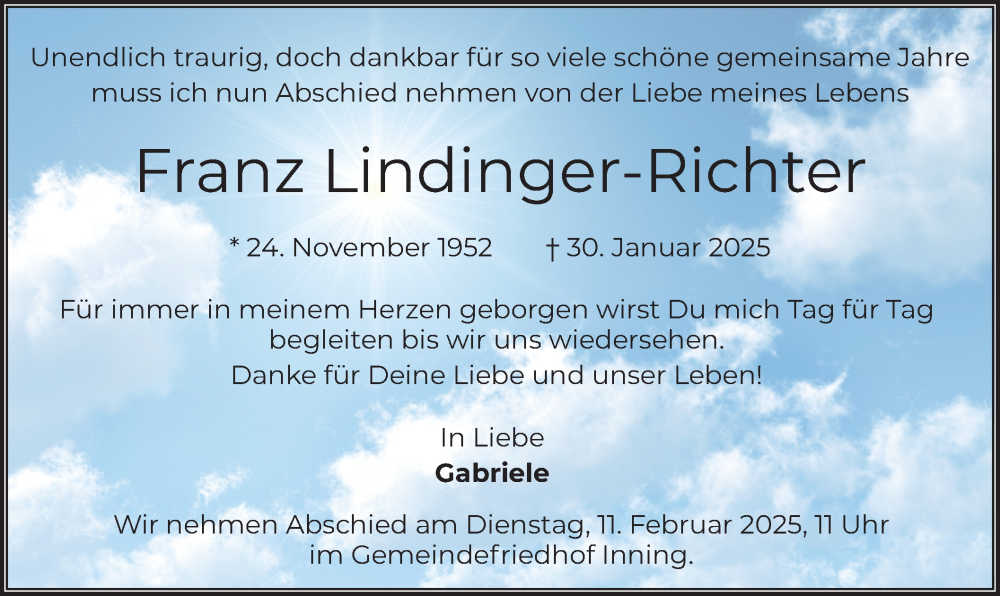  Traueranzeige für Franz Lindinger-Richter vom 07.02.2025 aus merkurtz